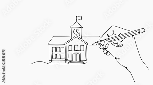 Hand Drawing School Building Architecture With Pencil, Single Line Art
