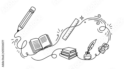 Creative Writing Doodle: Pencil, Books, Ruler, Inkwell, Sharpener on Transparent Background
