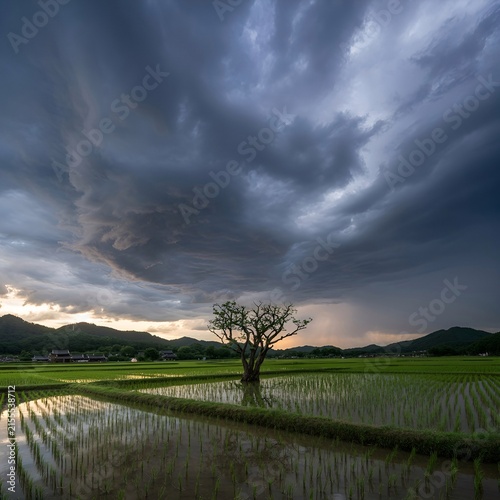Dramatic Sky with Storm Clouds over Green Rice Paddies in Countryside