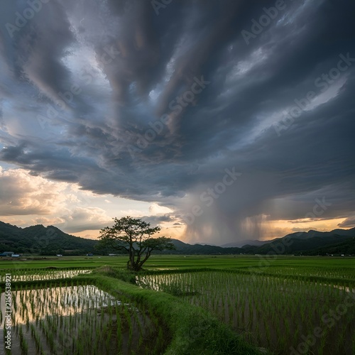 Dramatic Rural Field with Sunset Glow and Dark Stormy Clouds