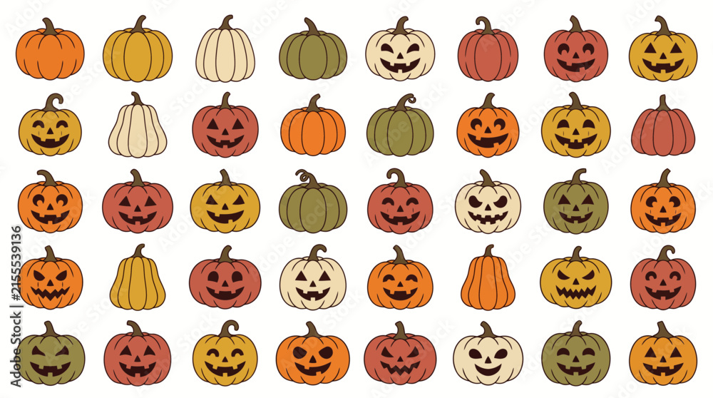 Fototapeta premium Halloween Pumpkins Set, Smiling Jacks Pattern, Orange Yellow Green White Gourd Collection, Autumn Harvest Vector Illustration isolated on White Background