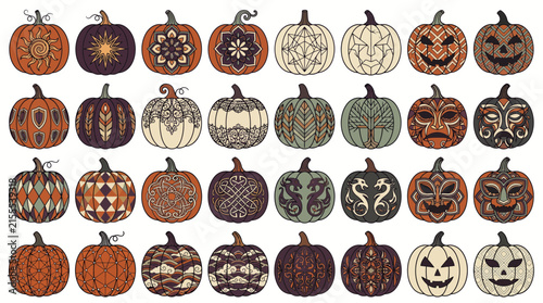 Halloween Pumpkin Vector Collection, Vintage Style Jack-O-Lantern Set, 32 Autumn Harvest Gourd Icons, Folk Art Patterns, Orange and Brown Colors for Design and Print isolated on White Background