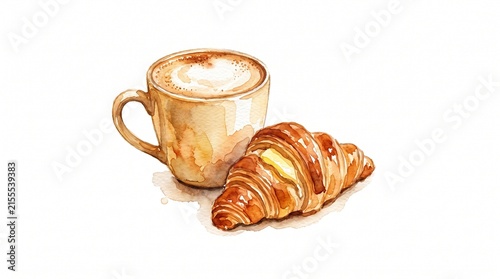 Watercolor illustration of a fresh croissant and a cup of hot coffee isolated on white background.