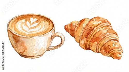 Watercolor illustration of a fresh croissant and a cup of coffee with latte art.