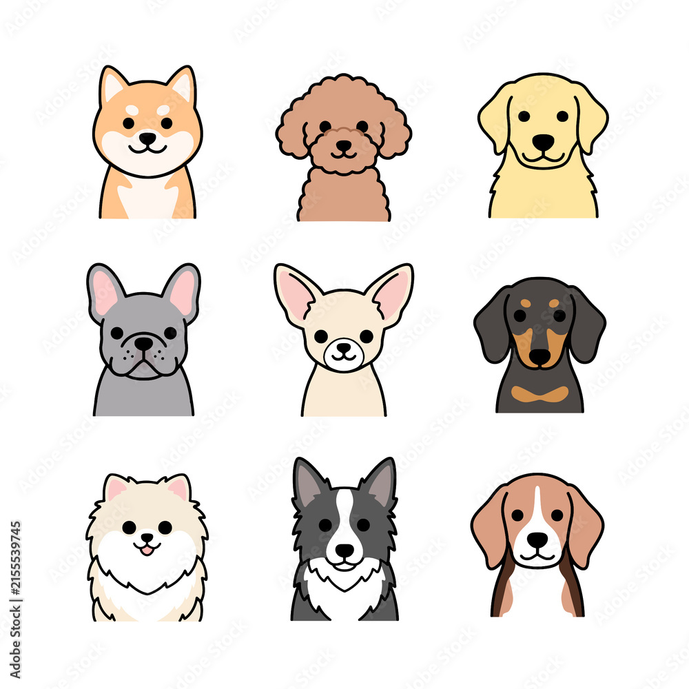 Fototapeta premium Adorable colored cartoon dog head icon collection with various breeds