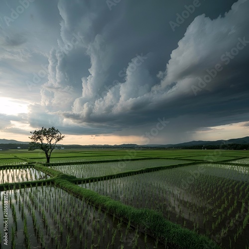Countryside Rice Field Landscape with Approaching Downpour and Storm Clouds
