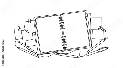 Open Notebook and Sticky Notes with Pens, Isolated on Transparent Background