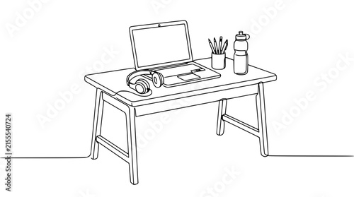 Laptop, Headphones, Pencils, Water Bottle on Desk - Isolated Line Art