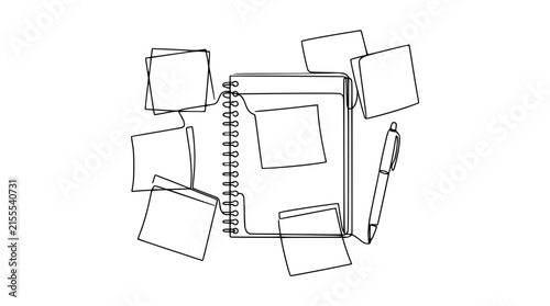 Minimalist Notebook and Sticky Notes Drawing with Pen, Isolated