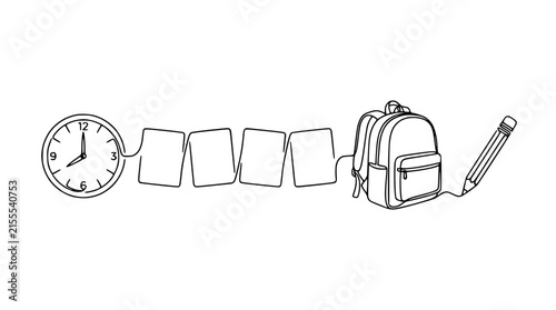 Continuous line drawing of clock, papers, backpack, and pencil on transparent background