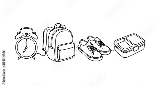 Back To School Supplies: Alarm Clock, Backpack, Sneakers, Lunchbox - Isolated