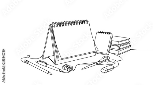 Desk Supplies Line Art: Calendar, Books, Scissors, Pens Isolated