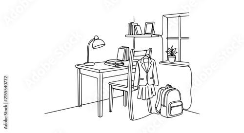 School Uniform Outfit and Backpack by Desk, Line Art