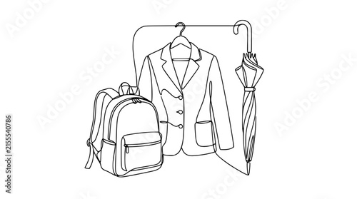 Backpack, Suit Jacket, and Umbrella Line Art Isolated on Transparent Background