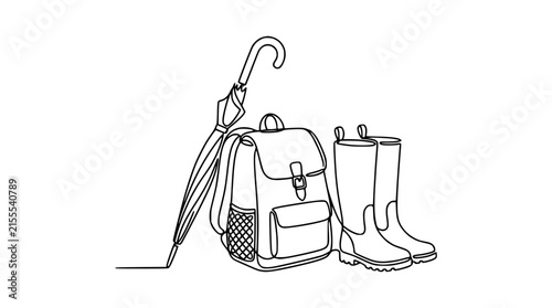Rainy Day Essentials: Backpack, Umbrella, and Boots - Isolated Line Art