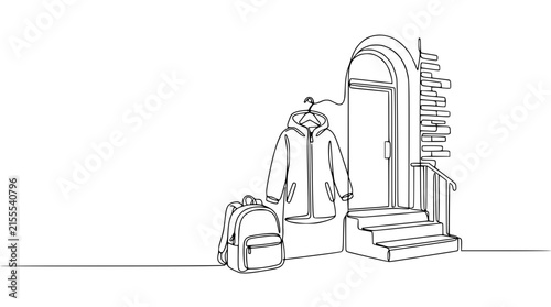 Continuous line drawing of a backpack and jacket on a hanger by a doorway.
