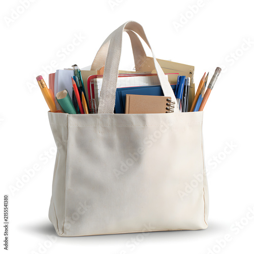 A beige tote bag filled with school supplies and stationery, including notebooks, pencils, and folders.
