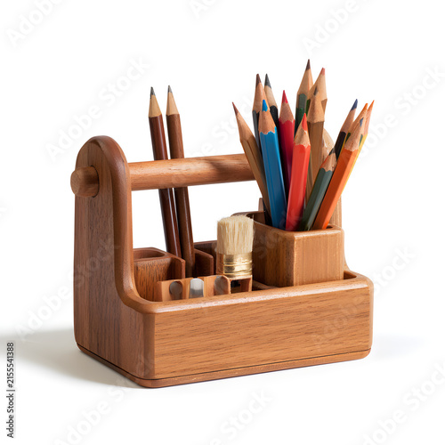 A wooden desk organizer holding assorted colored pencils, graphite pencils, and a brush, ideal for creative tasks.