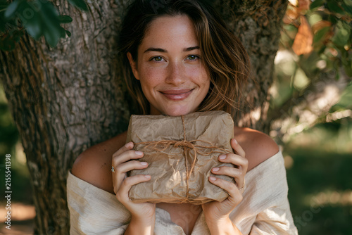 A joyful young woman of mixed ethnicity smiles while holding a beautifully wrapped gift against a tree backdrop.