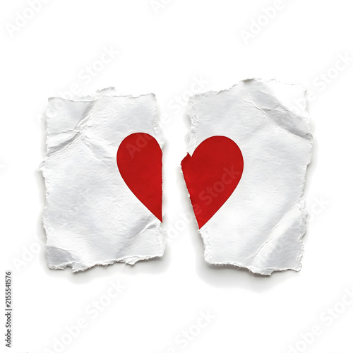 Two torn white paper sheets display matching halves of a solid red broken heart against a clean background, symbolizing heartbreak, separation, lost love, and emotional pain.