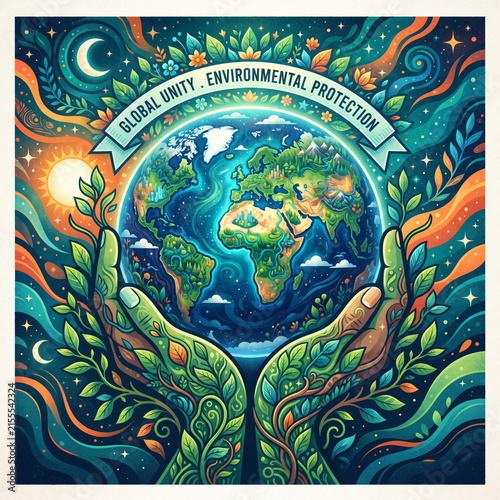 Artistic illustration depicting human hands holding glowing earth globe for global unity and environmental protection concept modern design.