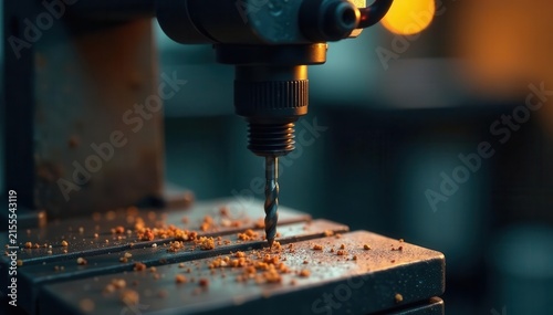 A drill press with a bit inserted, ready to drill, hole, metallic, close-up