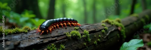Centipede crawling on a decaying log in a dark forest, movement, wildlife photography