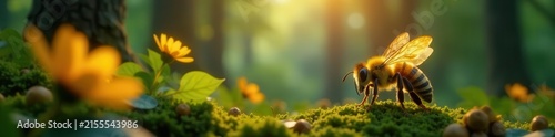 Golden bee, luminescent wings, enchanted forest, tree, glowing bee, power
