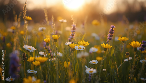 Wildflower meadow at golden hour sunset with soft blurred background wildflower blooming landscape sunlight outdoors botanical environment