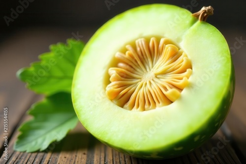 Half a honeydew melon showing seeds & rind detail, cut, skin, cucurbitaceae