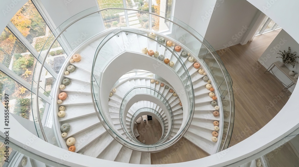 Fototapeta premium Intricate white spiral staircase with golden accents and sculptural pumpkins, interior architecture golden railings