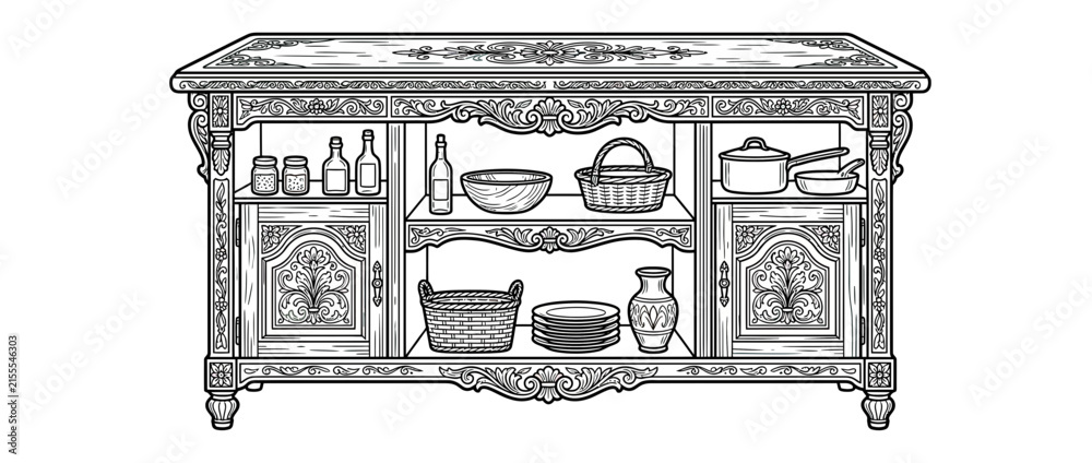 Fototapeta premium Ornate Wooden Cabinet with Kitchenware, Isolated
