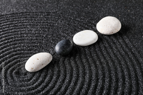 Obraz na plátně Zen garden with four smooth stones on raked black sand, balance and harmony conc