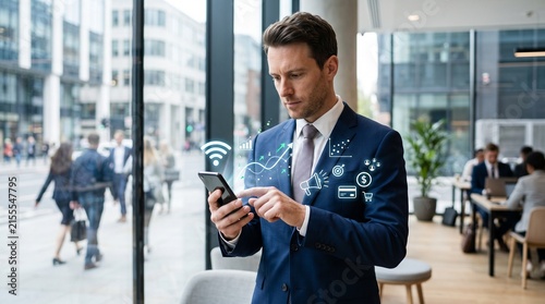 Professional in suit engages smartphone, holographic icons glow with graphs, security, and commerce, symbolizing modern business analytics, digital integration, and data‑driven decision‑making.