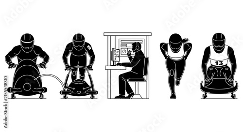 Foto Graphic showing four winter sport athletes and a technician at a console in blac