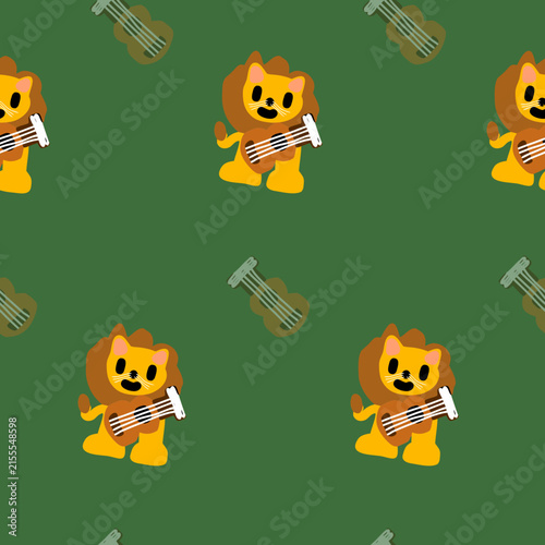 Cute Lion Playing Guitar Seamless Pattern with Musical Instruments on Green Background