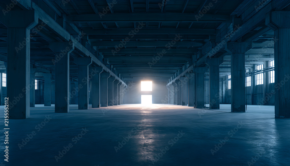 Fototapeta premium Wide empty industrial warehouse interior with concrete structure, massive pillars. Bright light shines through far exit doorway. Sombre blue tones fill cold minimalist hall space. Large vacant
