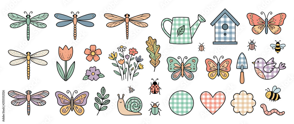 Obraz premium Cute Garden Insects and Flowers Collection Isolated