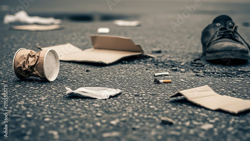 Street Litter and Solitude: A discarded paper cup, cigarette butts, cardboard scraps, and a lone shoe litter the asphalt, painting a somber picture of urban neglect and isolation.
