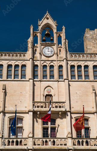 Facade of the Palace of the Archbishops of Narbonne, or Palais des Archevêques, located in the Occitanie region of France.