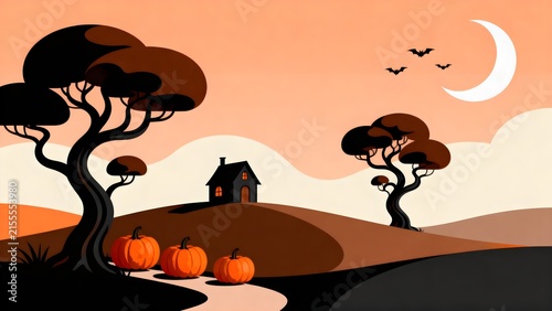 Minimalist halloween landscape with cottage hill, pumpkins, spooky trees and crescent moon