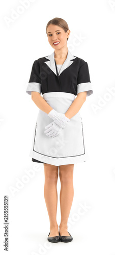 Fotografía Pretty chambermaid on white background