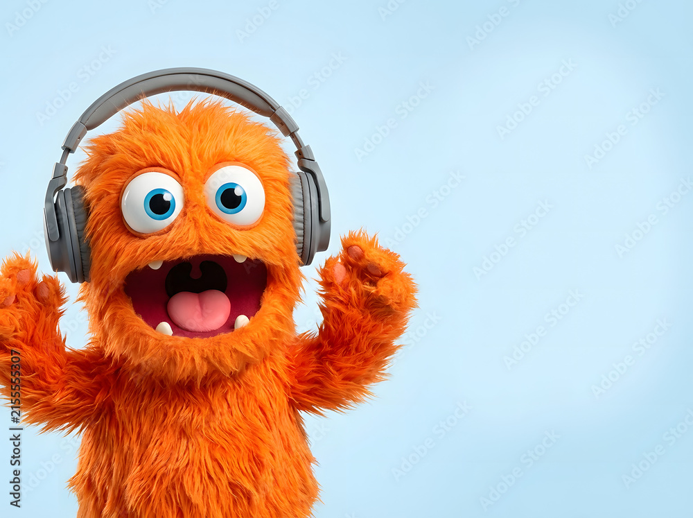 Fototapeta premium Orange fluffy monster wearing headphones raising paws excitedly