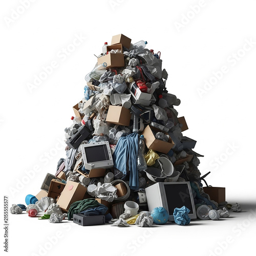 Mountain of Trash: A massive heap of assorted waste, including electronic devices, cardboard boxes, plastic containers, and discarded clothing.