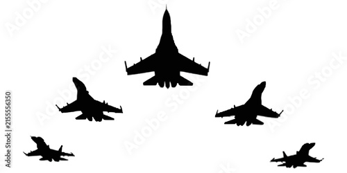 Silhouette collection of five fighter jets in various flying formations isolated on a plain white background, for aviation