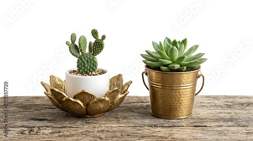Small cactus in a golden lotus bowl and a succulent in a golden bucket on a rustic wooden table