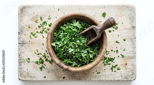Fresh chopped parsley in a rustic wooden bowl with a small scoop on a wooden cutting board