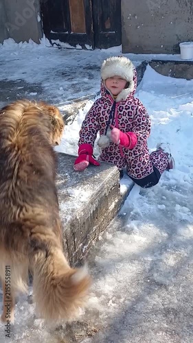 Child and dog. Dog licked child, video replay, part of series
