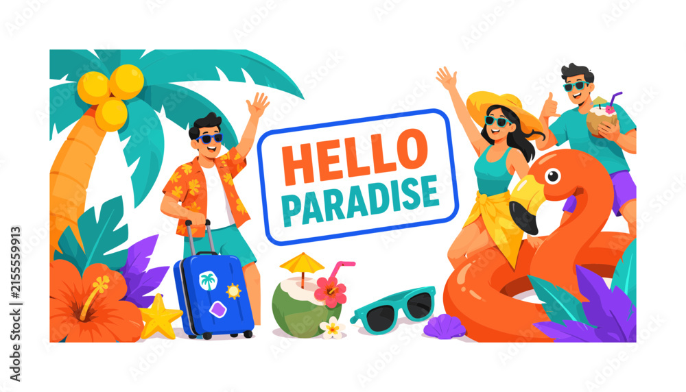 Fototapeta premium Hello Paradise wide panoramic website header banner with 2 expressive stylized travelers waving beside oversized palm tree and giant lagoon float spanning all four edges, with suitcase, coconut drink,