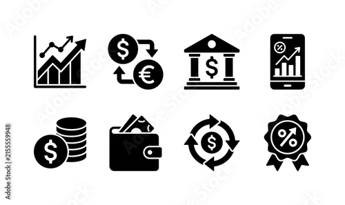 Stock Trading Finance, solid glyph icon set featuring stock chart, currency exchange, bank, mobile trading app, investment coin, wallet, transaction arrows and profit badge, covering trading, finance,